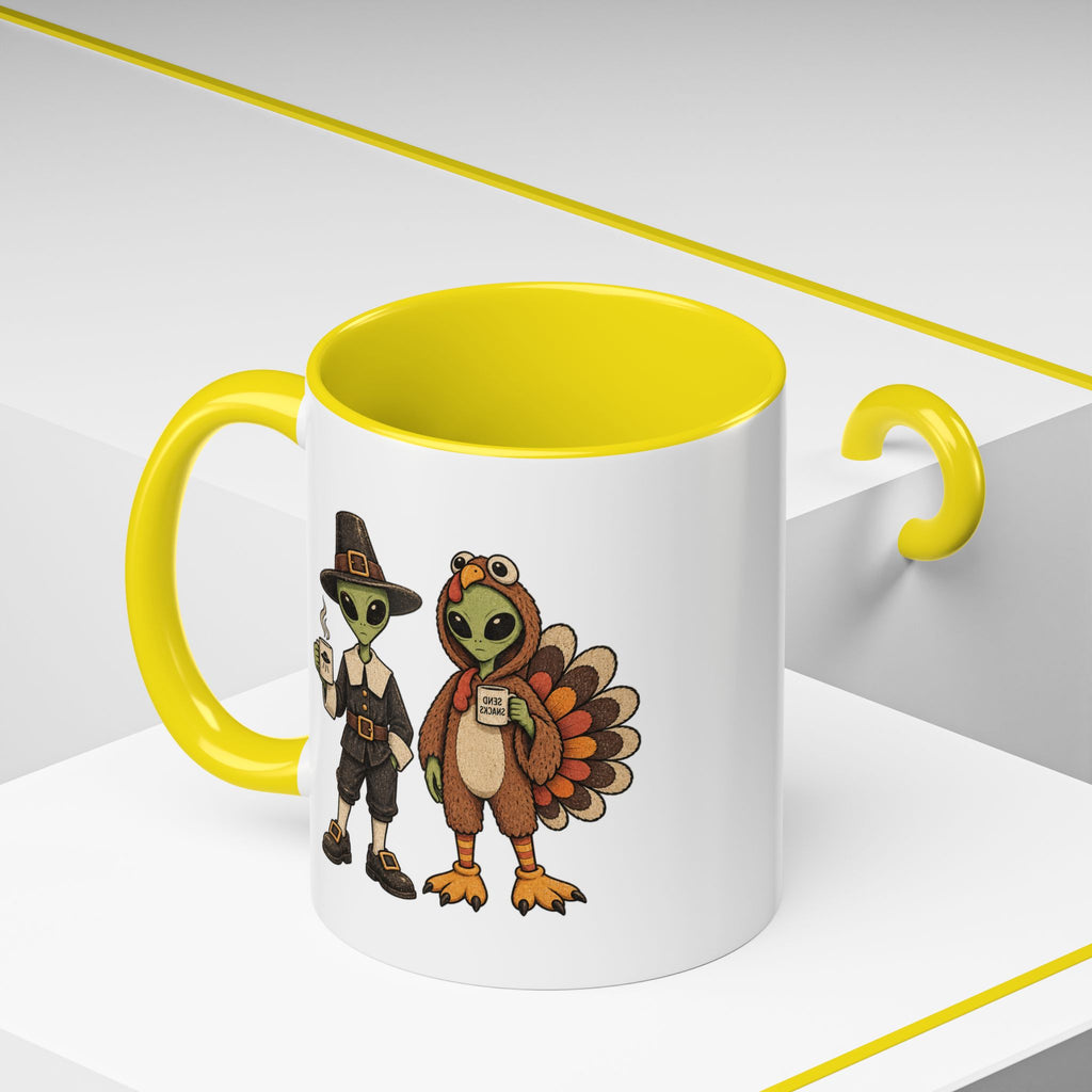 Thankful Aliens Thanksgiving Coffee Mug — Cute Turkey & Pilgrim Alien 11oz Accent Mug