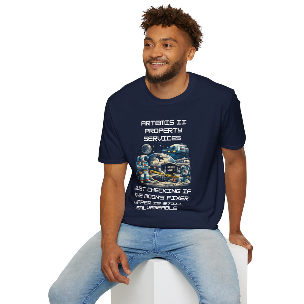 Moonbase Property Services T-Shirt — 'Artemis II Property Services' Space Repair Crew funny Tee - Mutantur Labs LLC