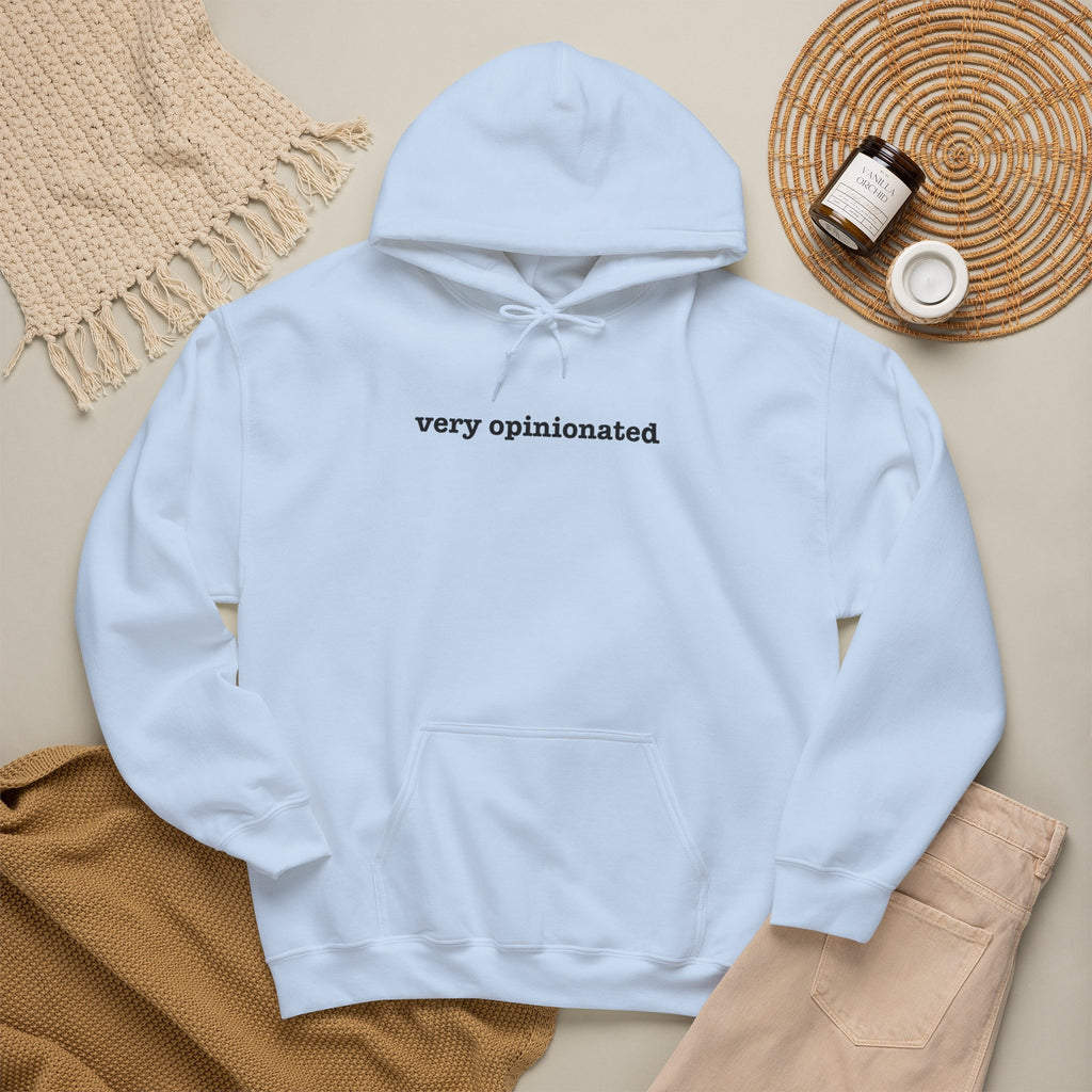 Very Opinionated minimal text pullover hoodie, on-model front view