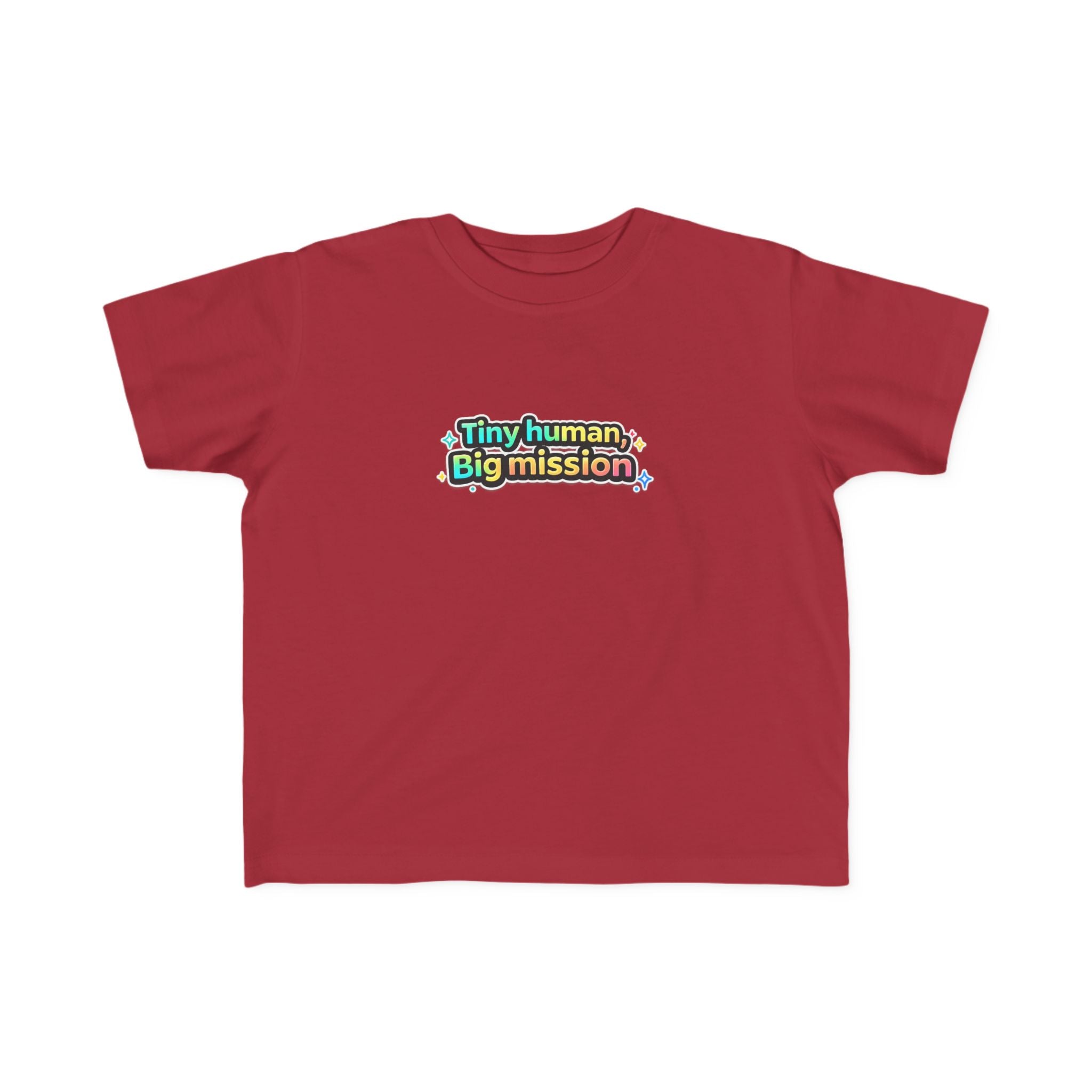 Red t-shirt with 'Tiny human, Big mission' text on a white background