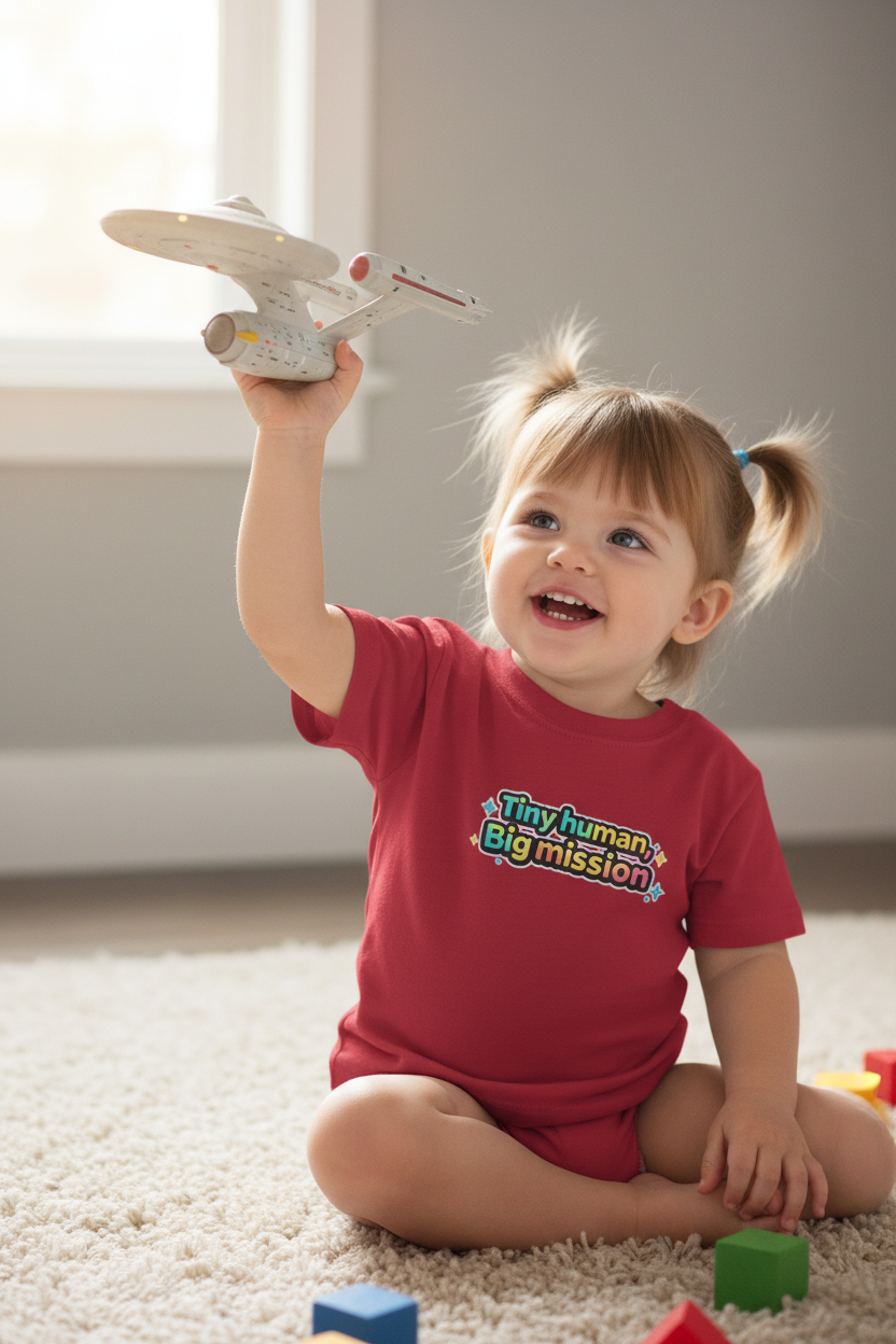 Tiny Human Big Mission Toddler T-Shirt — Colorful Sci-Fi Kids Graphic Tee