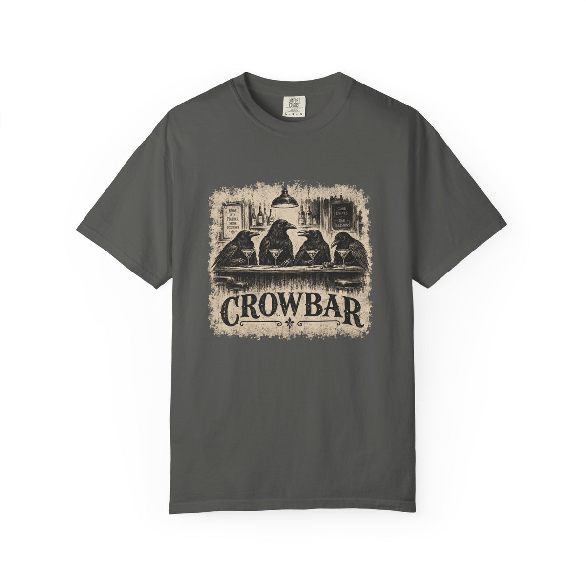 A gray short-sleeve crewneck t-shirt featuring a black graphic print of four crows sitting at a bar with the word 'CROWBAR' underneath, displayed on a clean white background.