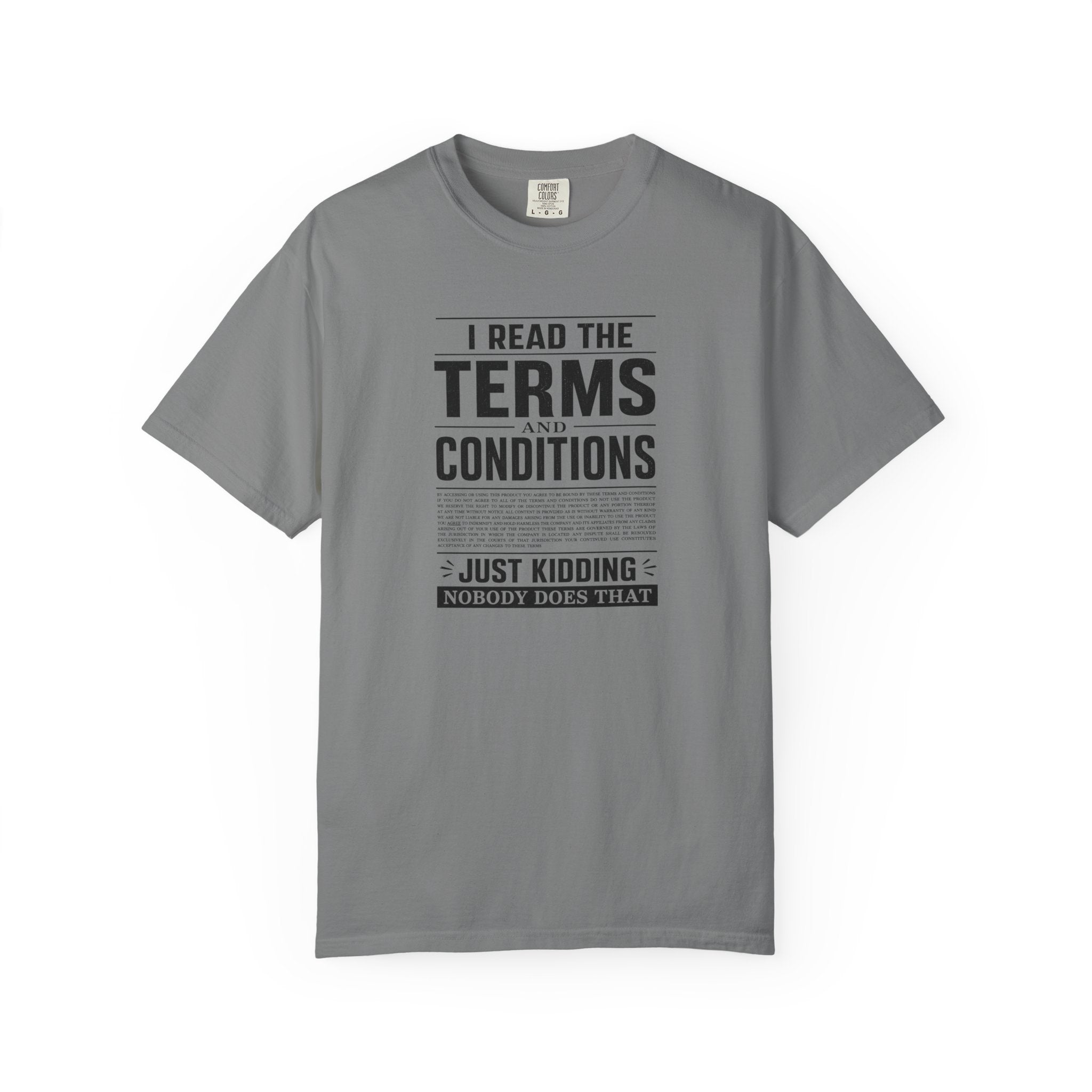 A grey short-sleeve crewneck t-shirt with a black graphic text print on the front reading 'I READ THE TERMS AND CONDITIONS JUST KIDDING NOBODY DOES THAT' on a plain white background.