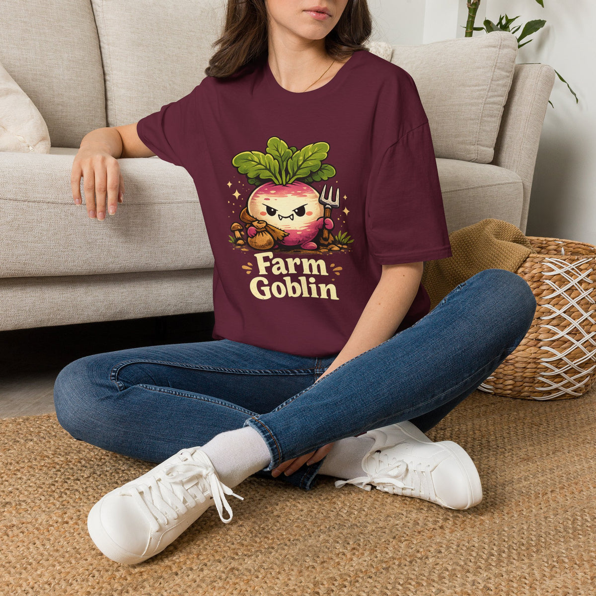 Grumpy Turnip Farm Goblin graphic tee in maroon, styled photo worn by a seated woman in jeans on a woven rug