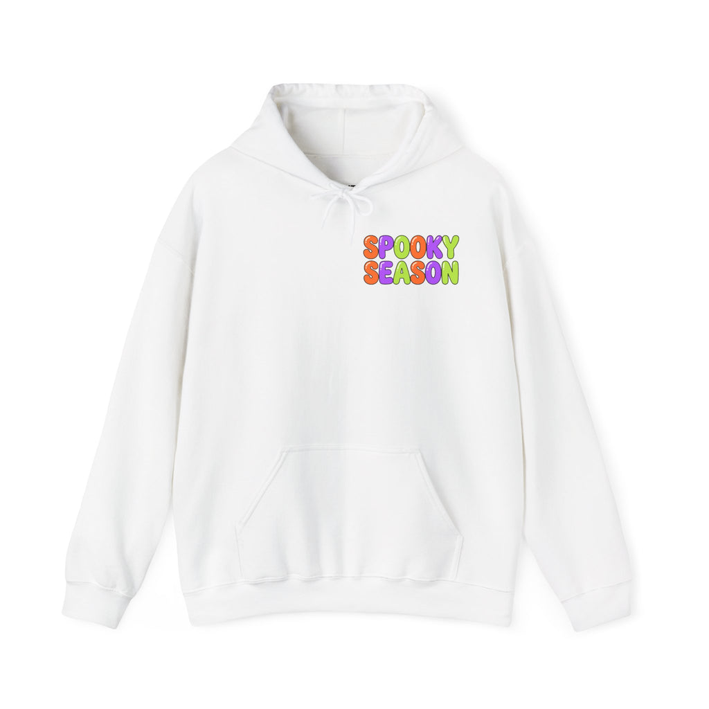 A white pullover hoodie with a colorful retro-style 'SPOOKY SEASON' graphic printed on the chest, displayed on a clean white background.