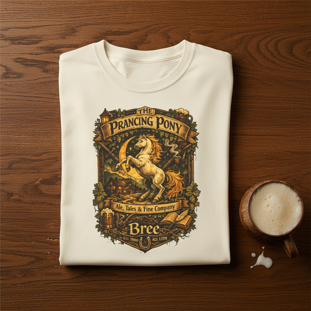 Natural t-shirt with vintage 'The Prancing Pony' inn heraldry graphic, folded and styled on a wood table with a mug of ale