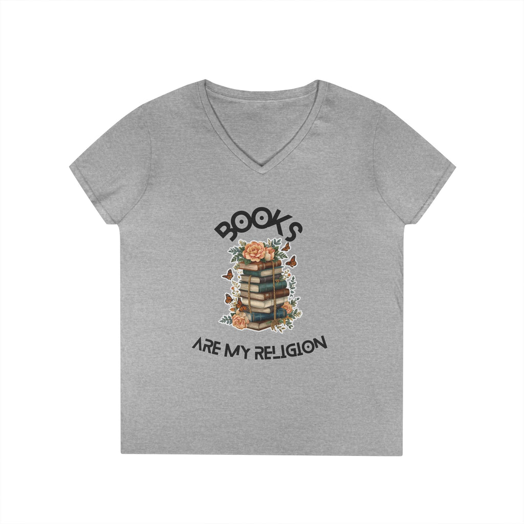 Books Are My Religion floral book stack graphic v-neck tee in heather grey, front view