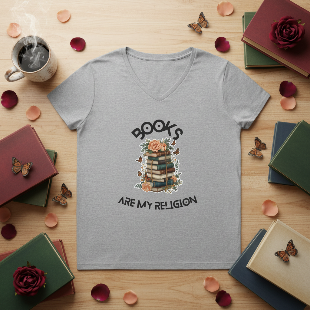 Books Are My Religion floral book stack graphic v-neck tee in heather grey, flat lay styled with stacked books, roses, and a coffee mug