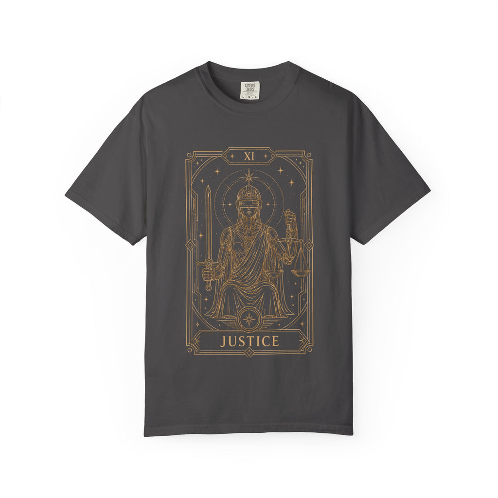 A gray  t-shirt featuring Justice from the Future Arcana collection, inspired by the Justice tarot card. A futuristic blindfolded guardian holds a sword and balanced scales within an elegant Art Deco celestial frame rendered in vintage gold line art on a transparent background.