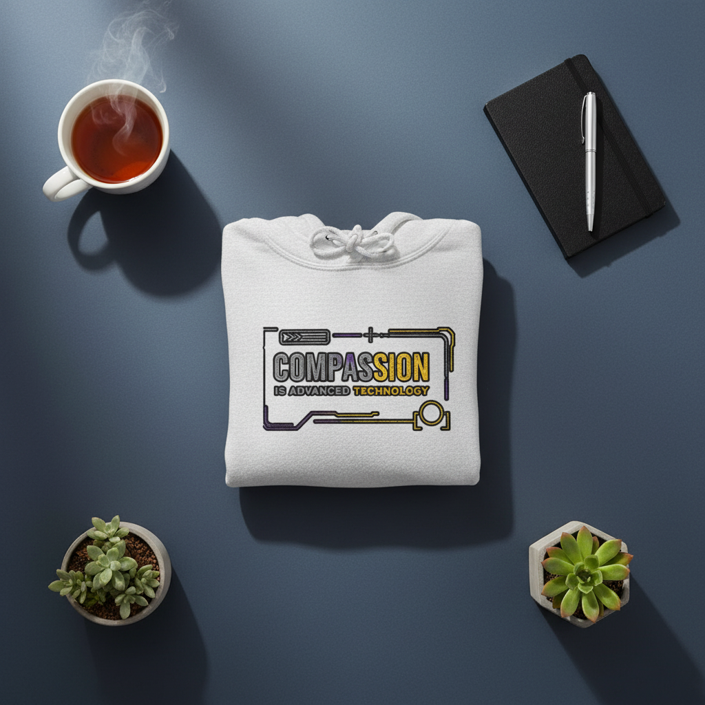 White hooded sweatshirt with 'Compassion Is Advanced Technology' circuit-board graphic, folded and styled with tea and succulents