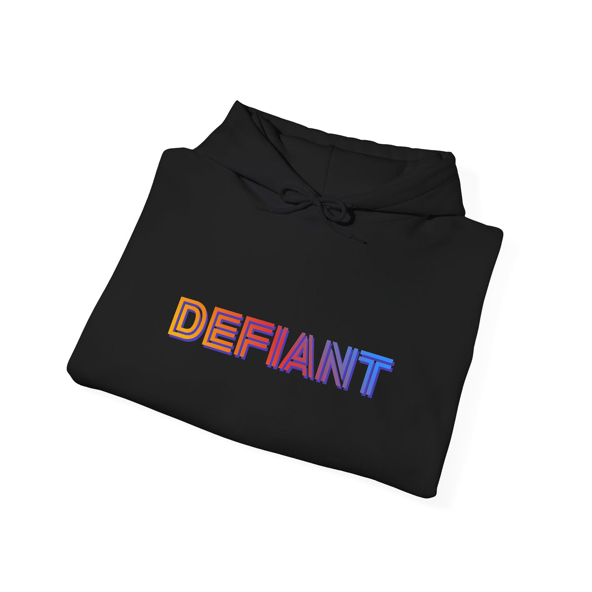 Defiant rainbow text logo graphic hoodie in black, folded flat lay