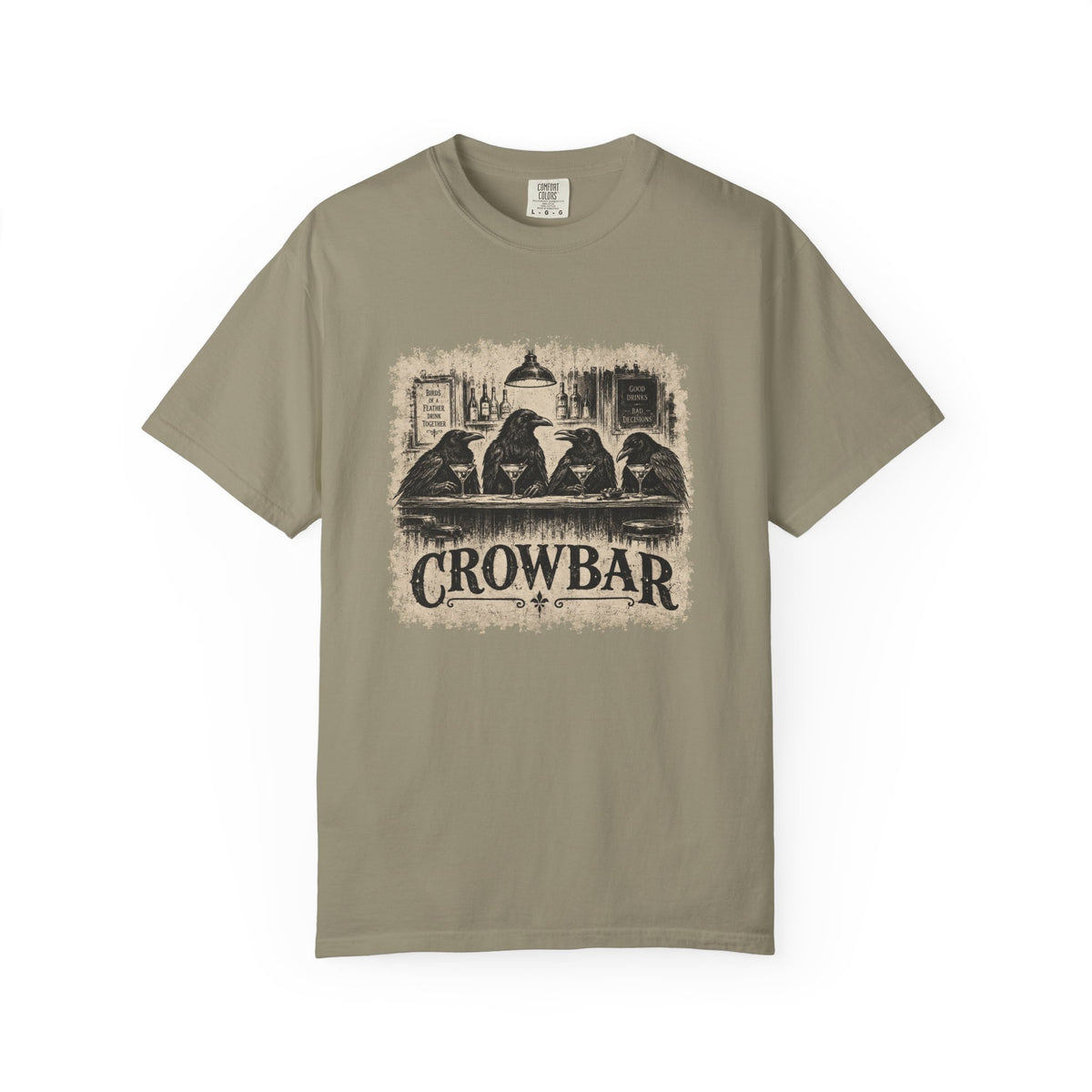 An olive green crewneck t-shirt featuring a distressed black graphic of four crows sitting at a bar with the text 'CROWBAR' printed below, displayed against a clean white background.