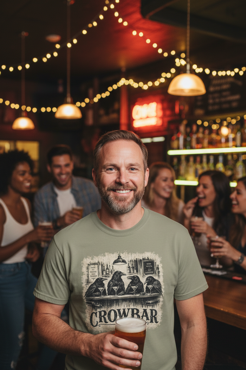 A smiling man in a bar setting wearing an olive green t-shirt with a black graphic of gorillas and the word 'CROWBAR'. He is holding a pint of beer in a warmly lit, lively pub environment with other patrons blurred in the background.