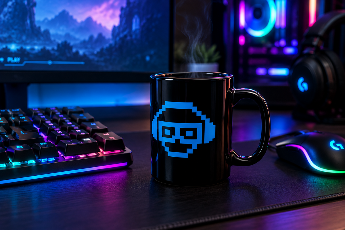 A black ceramic mug with a blue pixel-art headset graphic sits on a desk in a gaming setup, surrounded by a keyboard, mouse, and PC tower with RGB lighting.
