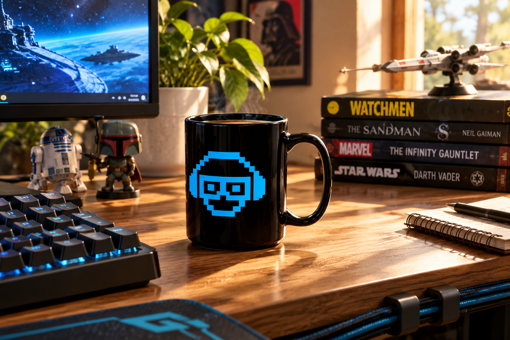 A black ceramic mug with a blue pixel-art face graphic sits on a wooden desk in a styled home office setting. The desk is decorated with a keyboard, a monitor, a stack of Star Wars and Marvel books, a small R2-D2 figure, and other desk accessories.