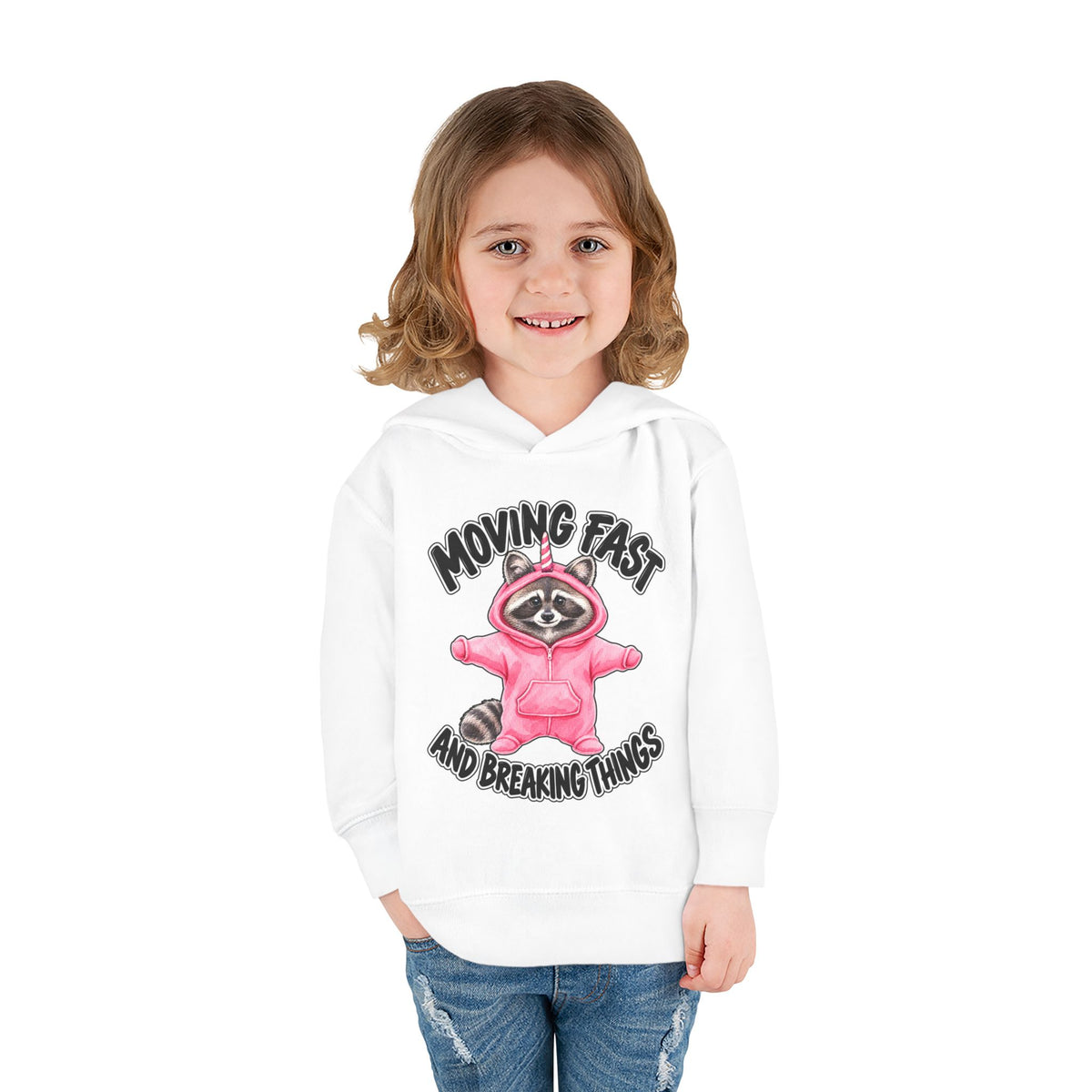 Toddler Hoodie — "Moving Fast and Breaking Things" Pink Raccoon Pullover
