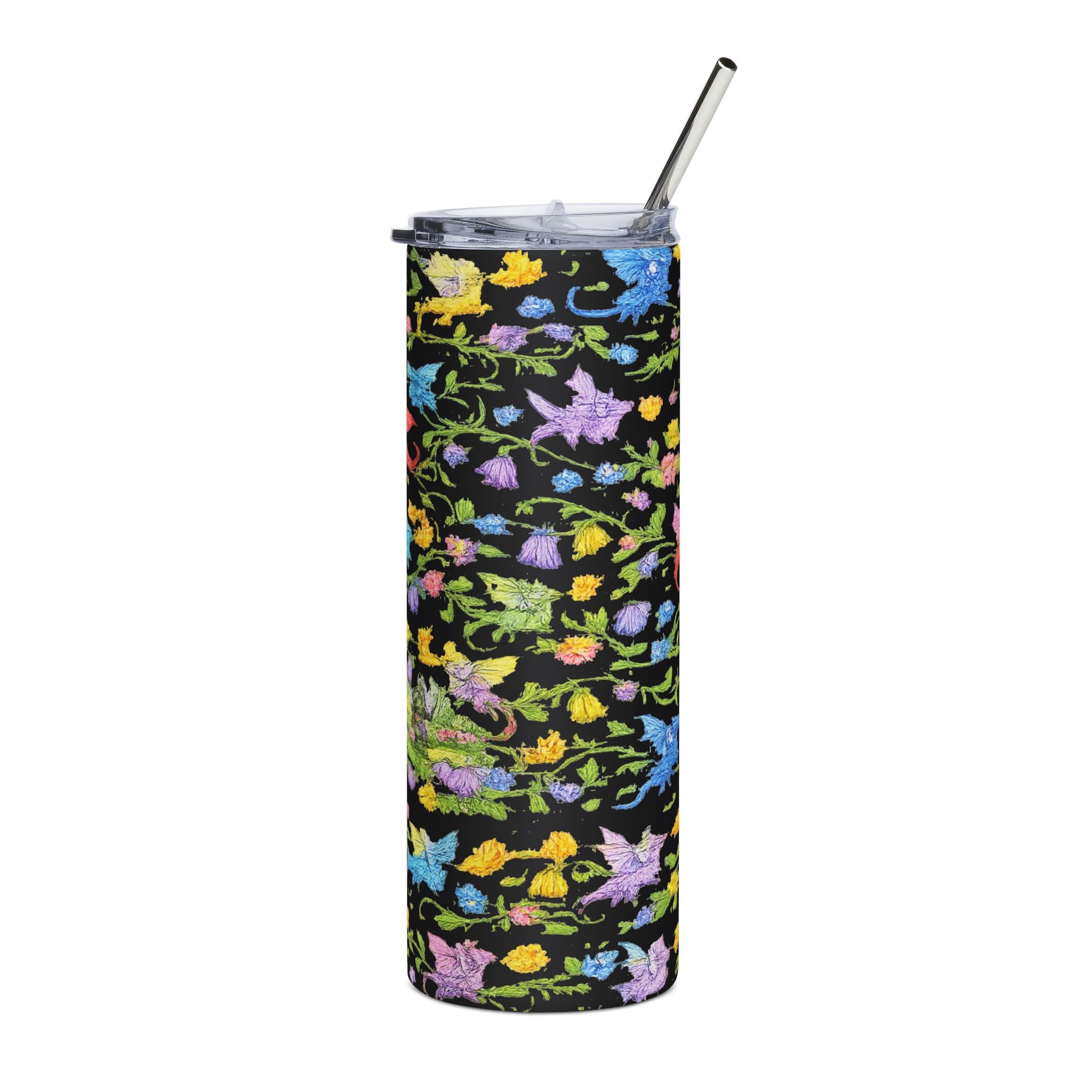 Floral Dragon 20oz Stainless Steel Tumbler — Fantasy Dragon Travel Cup with Vines, Flowers & Hidden Details - Mutantur Labs LLC