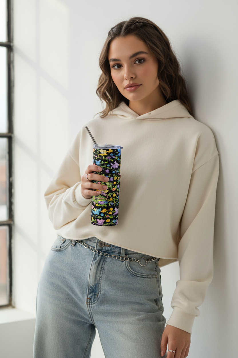 Floral Dragon 20oz Stainless Steel Tumbler — Fantasy Dragon Travel Cup with Vines, Flowers & Hidden Details - Mutantur Labs LLC