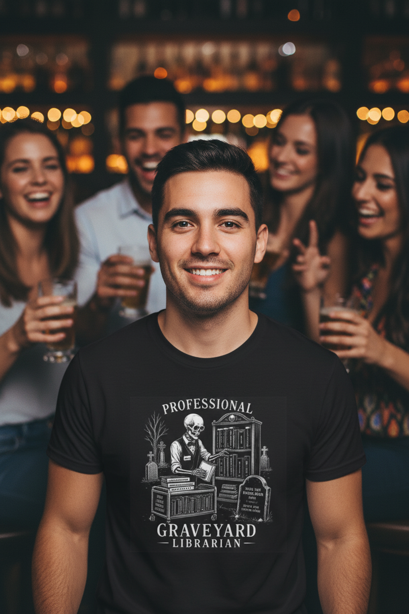 Blak short sleeved t shirt with a skeleton  graohic with the words Professional Graveyard Librarian