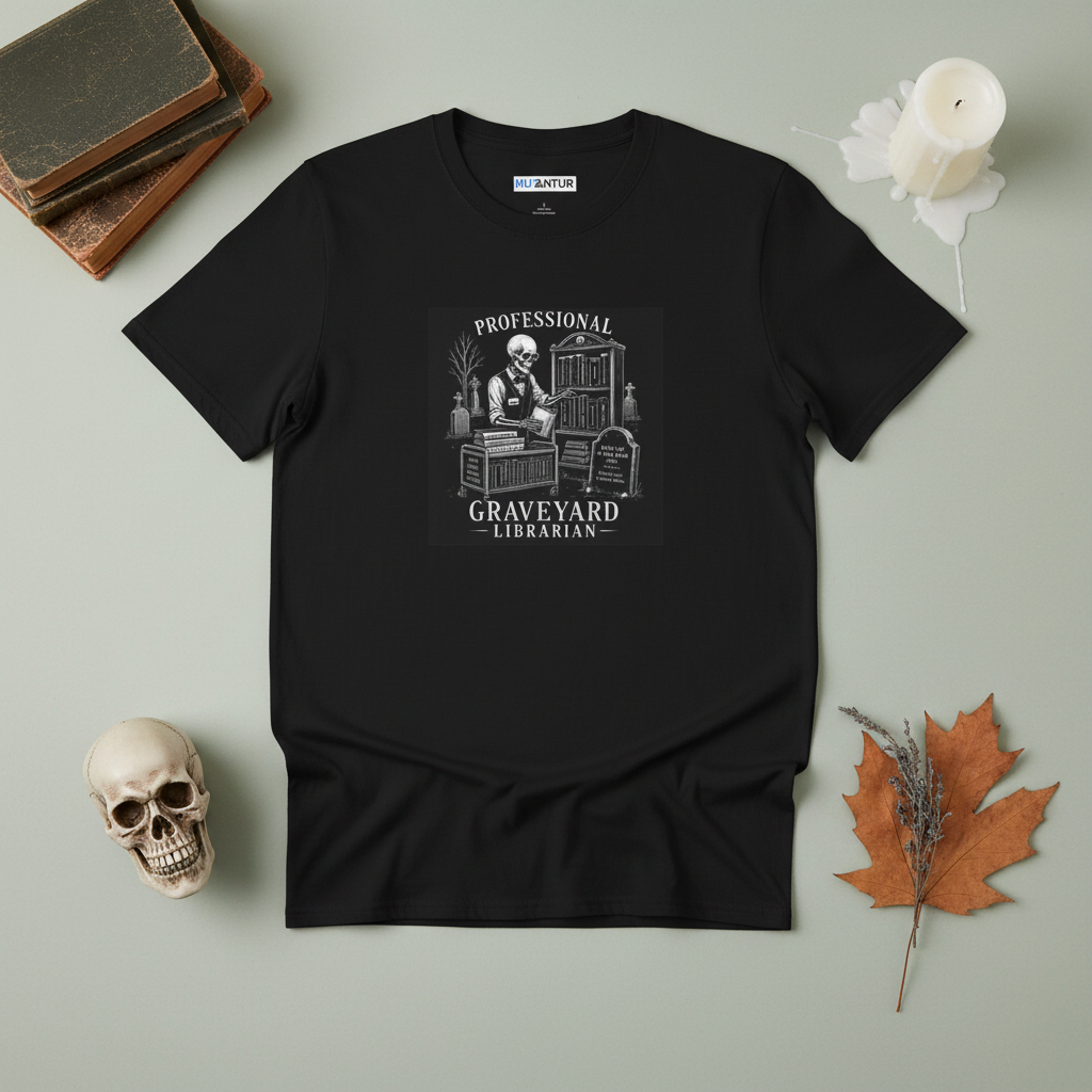 Blak short sleeved t shirt with a skeleton  graohic with the words Professional Graveyard Librarian