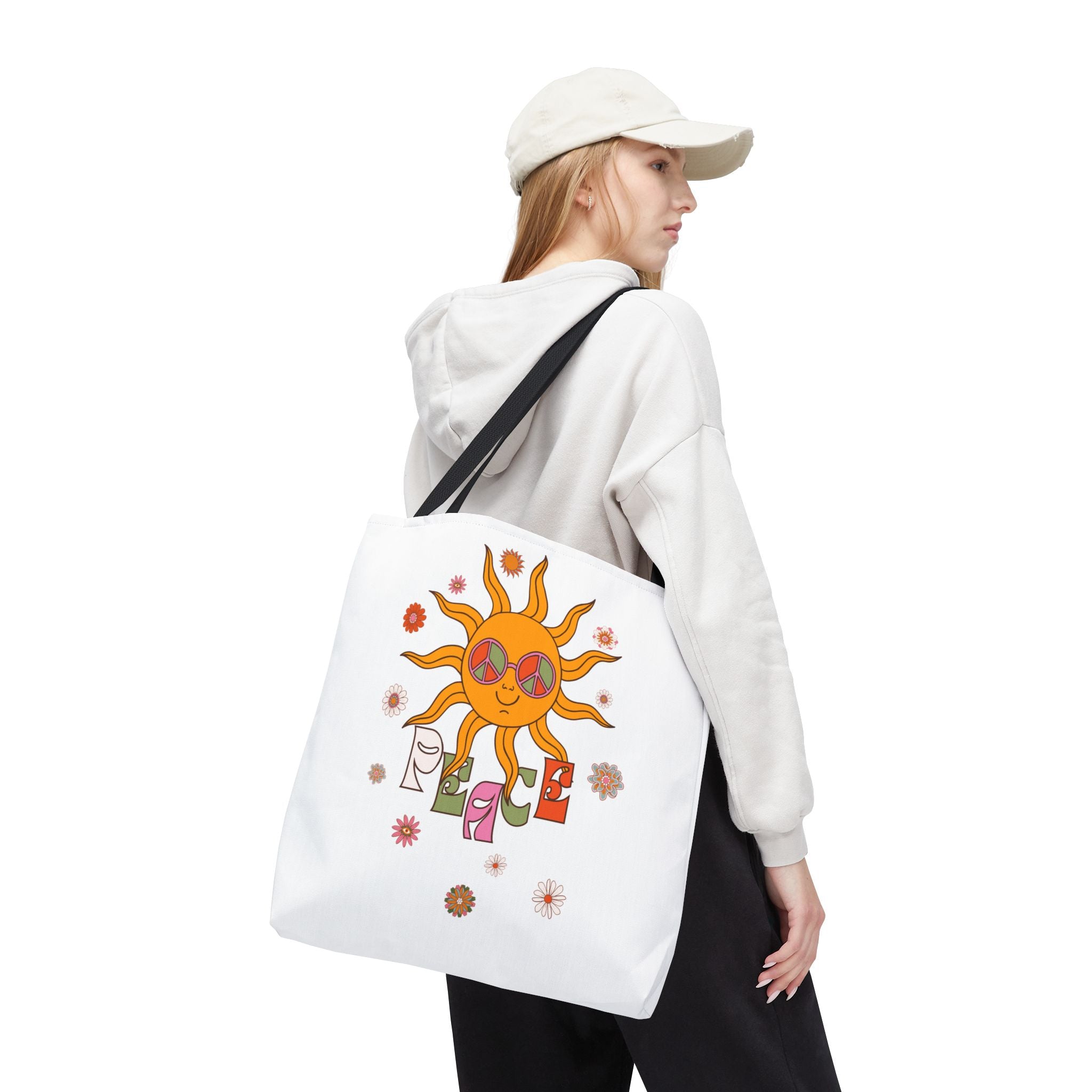 Retro Sun Peace Tote Bag | 70s Hippie Sunflower Art Bag - Mutantur Labs LLC