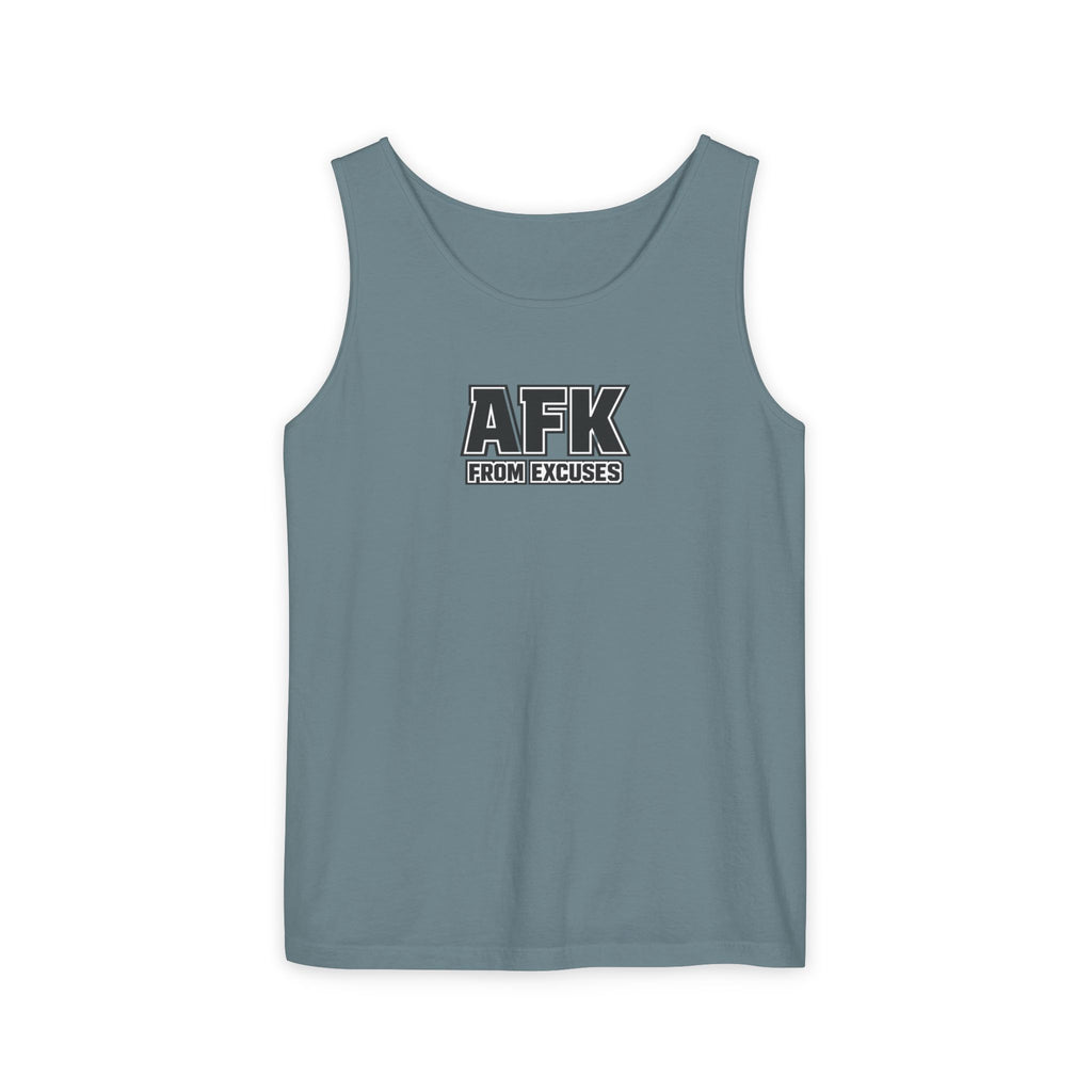 Blue tank top with 'AFK FROM EXCUSES' text on a white background