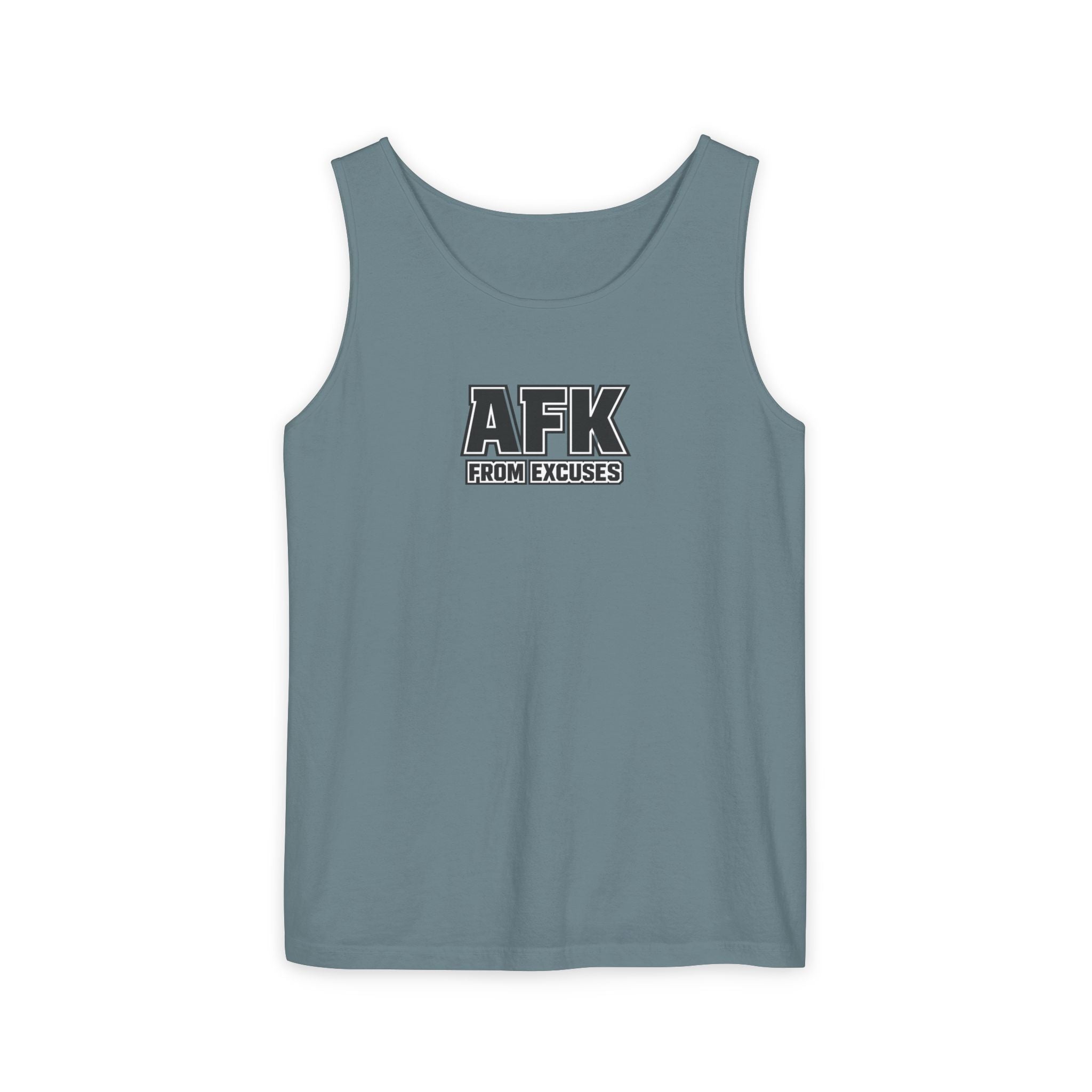 Blue tank top with 'AFK FROM EXCUSES' text on a white background