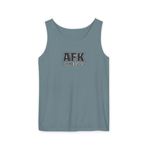 Blue tank top with 'AFK FROM EXCUSES' text on a white background