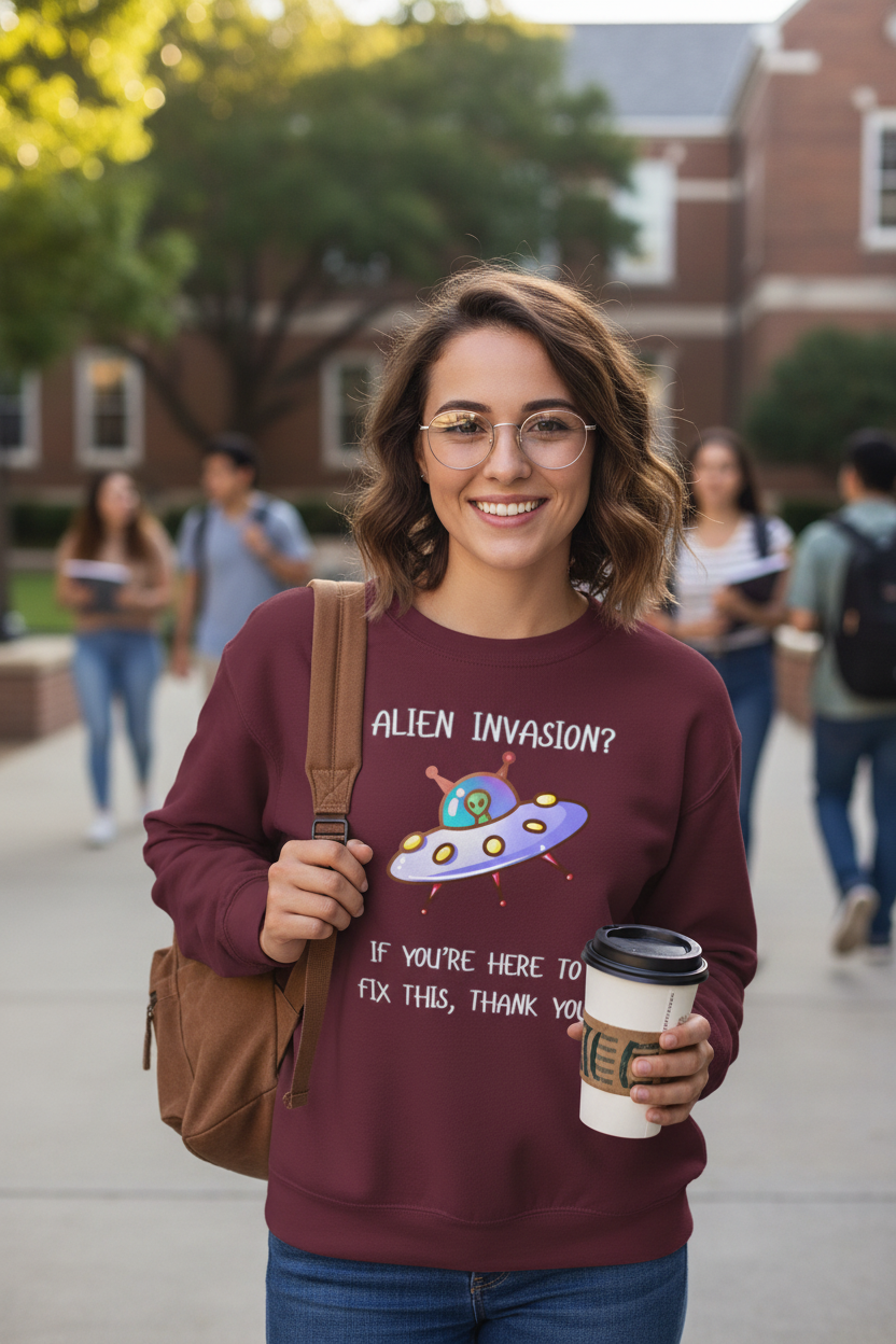 Alien Invasion? If You’re Here to Fix This, Thank You UFO Crewneck Sweatshirt