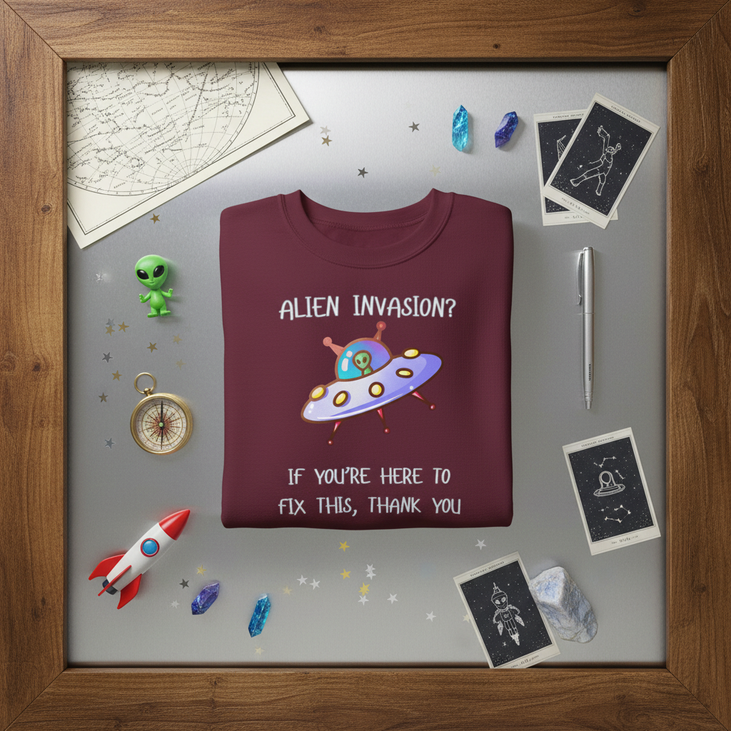 Alien Invasion? If You’re Here to Fix This, Thank You UFO Crewneck Sweatshirt