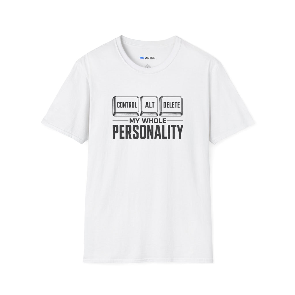 A white crewneck t-shirt with a graphic on the chest that reads 'CONTROL ALT DELETE' above 'MY WHOLE PERSONALITY' in black text, displayed on a clean white background.
