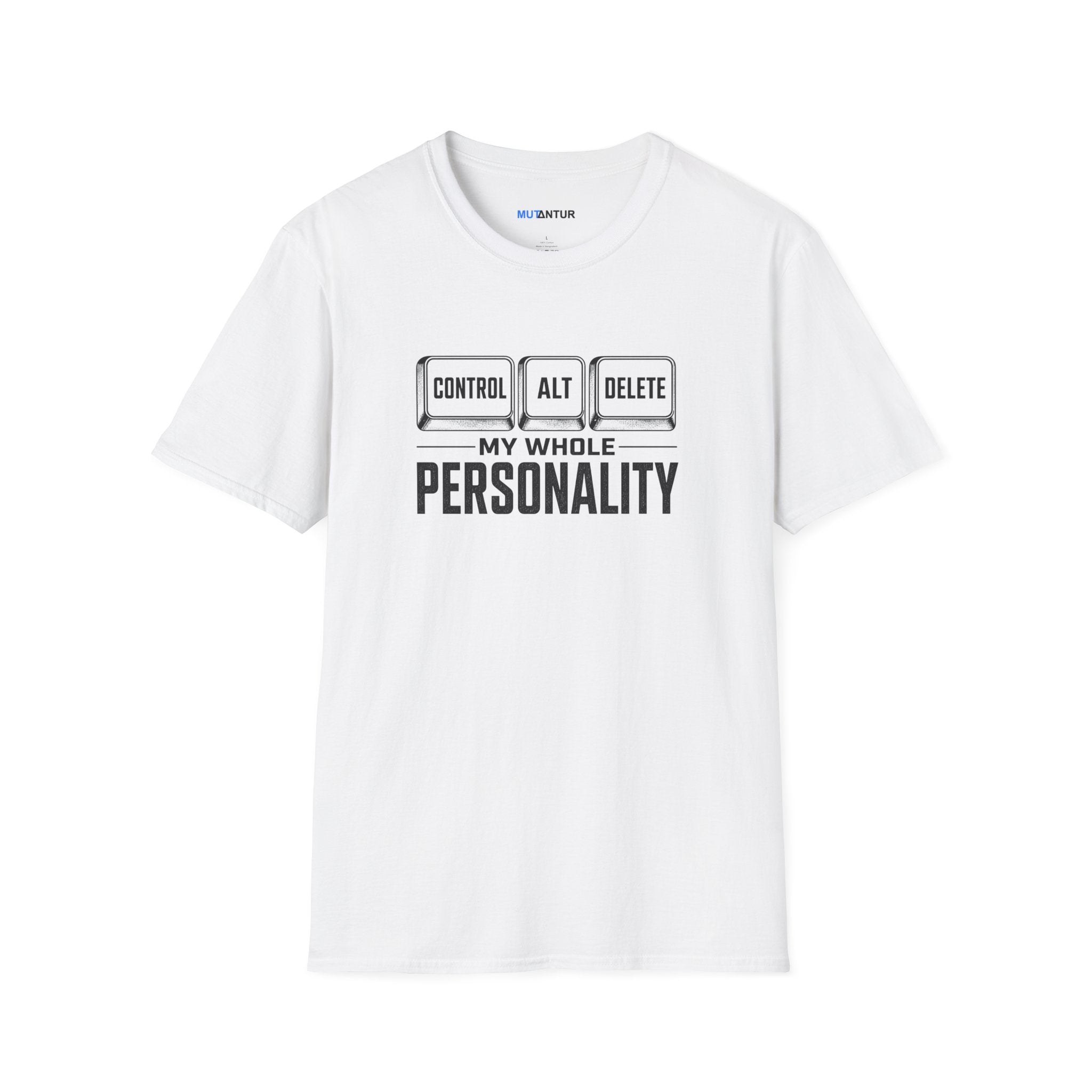 A white crewneck t-shirt with a graphic on the chest that reads 'CONTROL ALT DELETE' above 'MY WHOLE PERSONALITY' in black text, displayed on a clean white background.