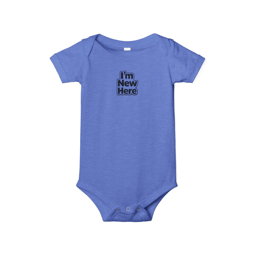 Blue baby onesie with 'I'm new here' text on a white background