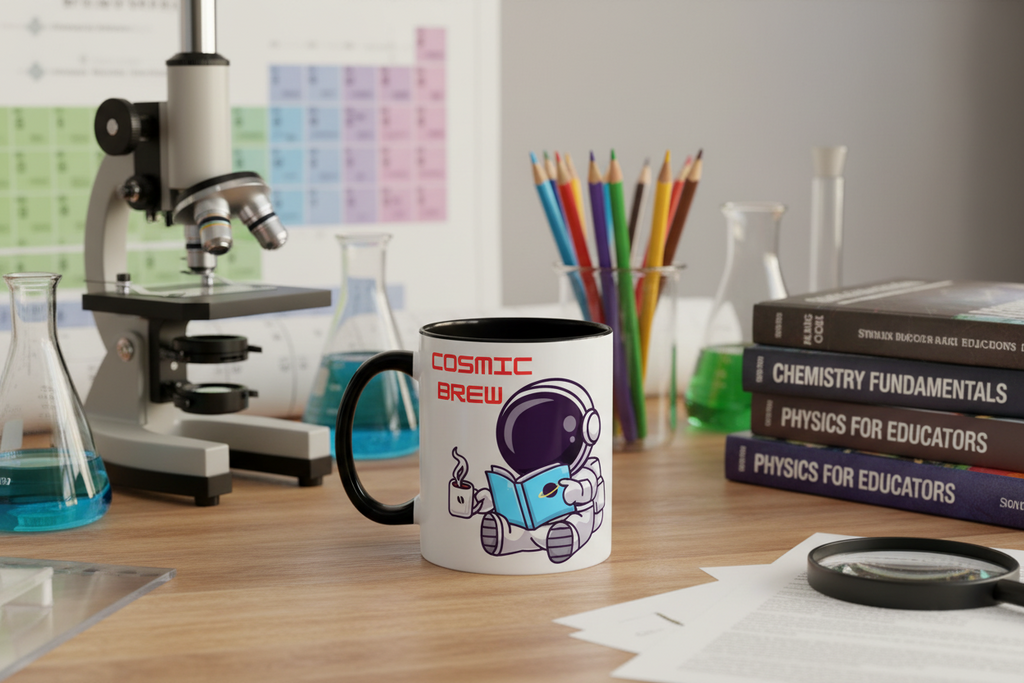 Cosmic Brew astronaut coffee mug with black handle, styled on a desk with science classroom props