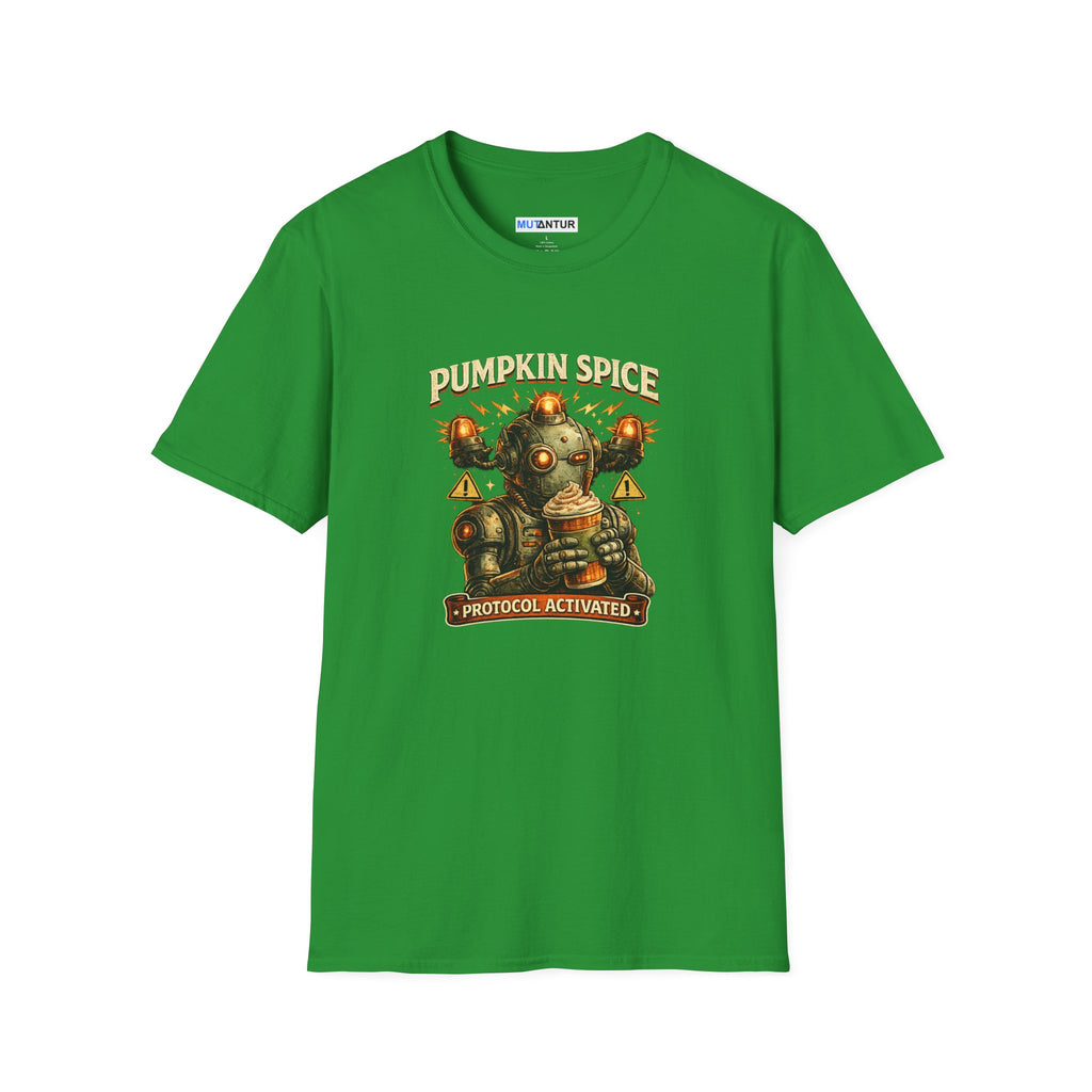 A bright green short-sleeve t-shirt with a 'Pumpkin Spice Protocol Activated' steampunk robot graphic on the front, displayed against a plain white background.
