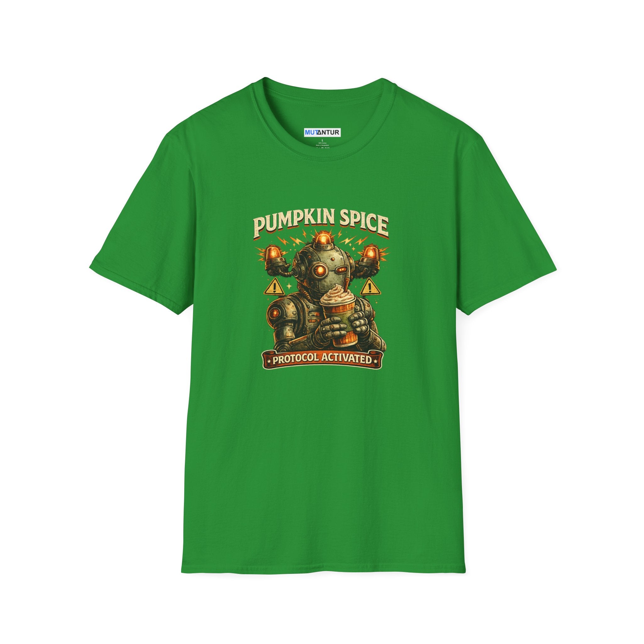 A bright green short-sleeve t-shirt with a 'Pumpkin Spice Protocol Activated' steampunk robot graphic on the front, displayed against a plain white background.
