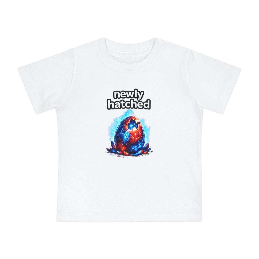 White t-shirt with a colorful egg graphic and 'newly hatched' text on a white background