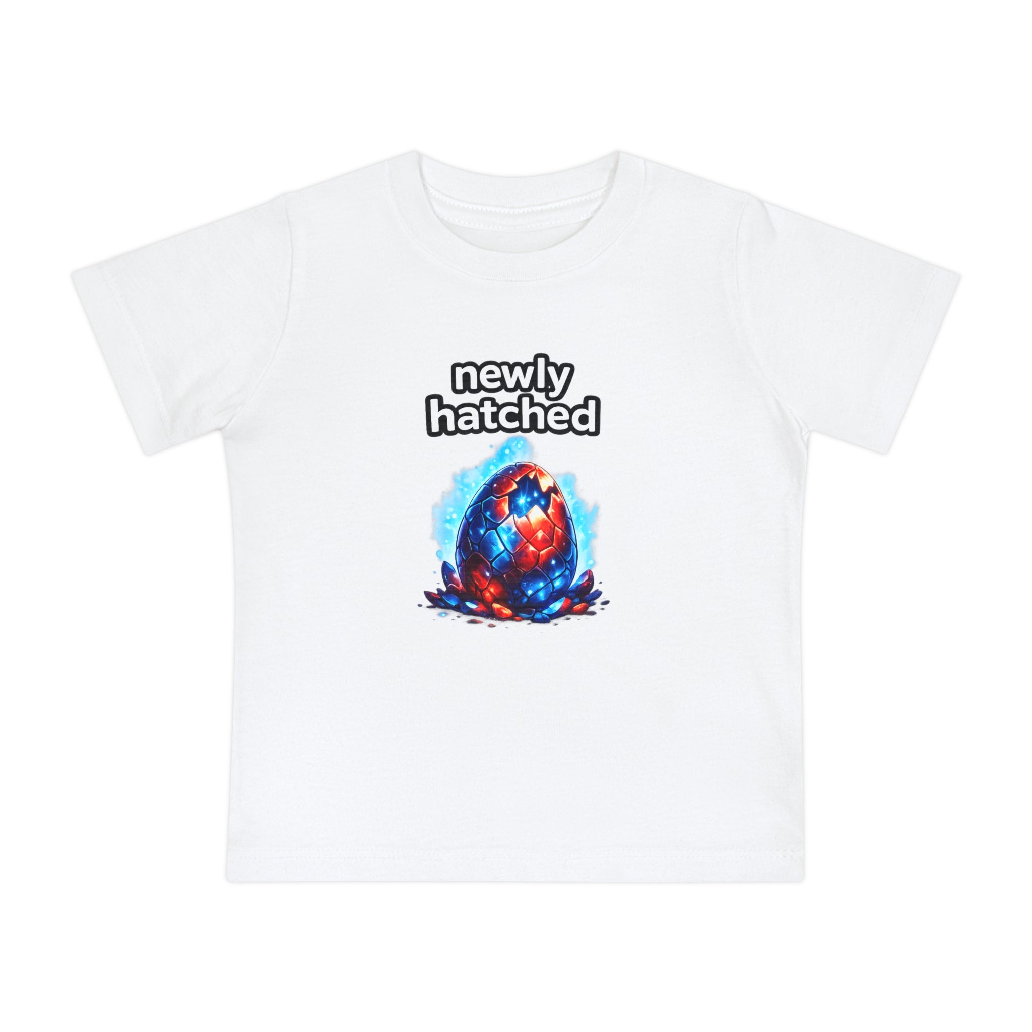 White t-shirt with a colorful egg graphic and 'newly hatched' text on a white background