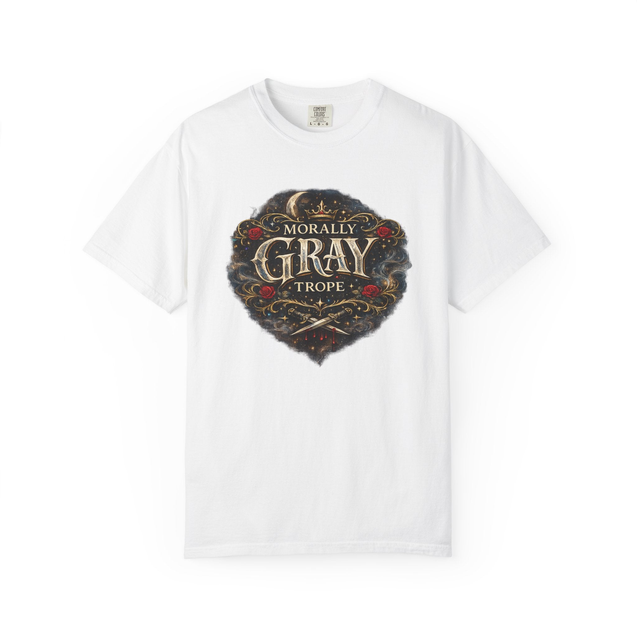 White t-shirt with 'Morally Gray Trope' graphic design on a white background