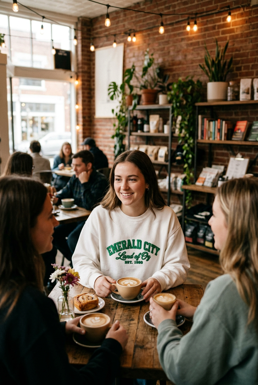 a woman sitting in a cozy cafe with friends wearing a white sweatshirt with 'EMERALD CITY Land of Op EST. 1900' printed in teal on the chest, paired with light blue jeans, sitting in a bright room next to a potted plant.
