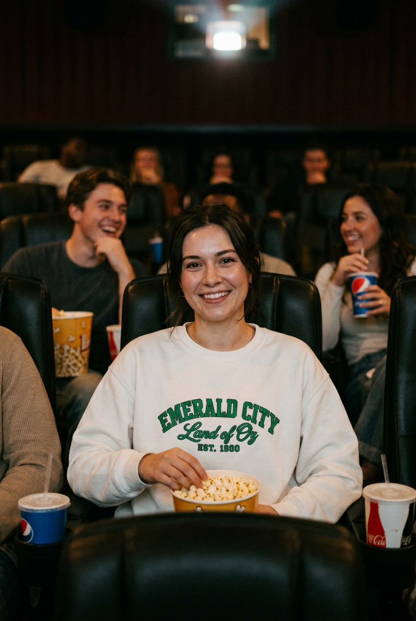 woman sitting on a movie theater with popcorn wearing a white sweatshirt that reads: Emerald City est 1900 in green text