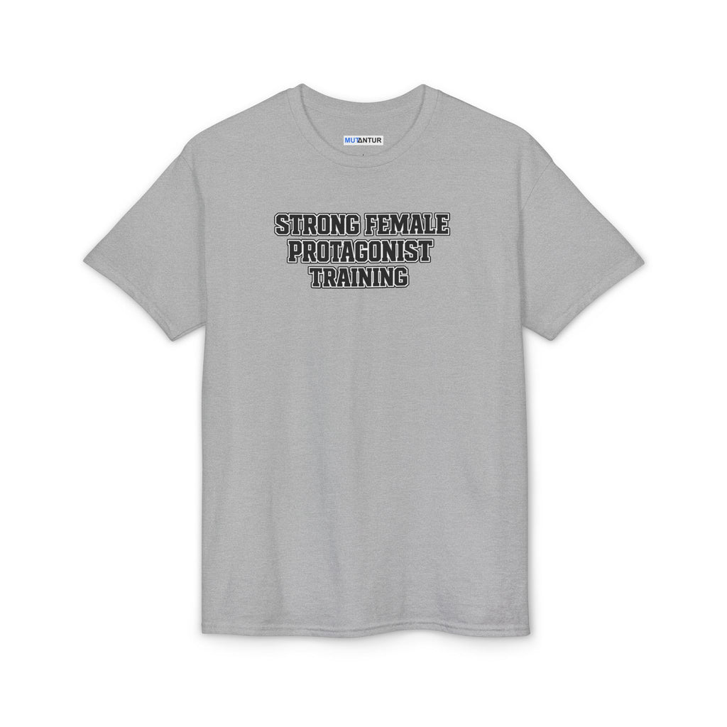 Gray t-shirt with 'STRONG FEMALE PROTAGONIST TRAINING' text on a white background
