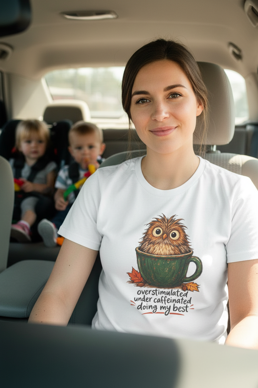A white short-sleeve crewneck t-shirt featuring a graphic of a cute, fluffy brown owl sitting inside a green coffee mug, with the text 'overstimulated under caffeinated doing my best' written below in a handwritten font.