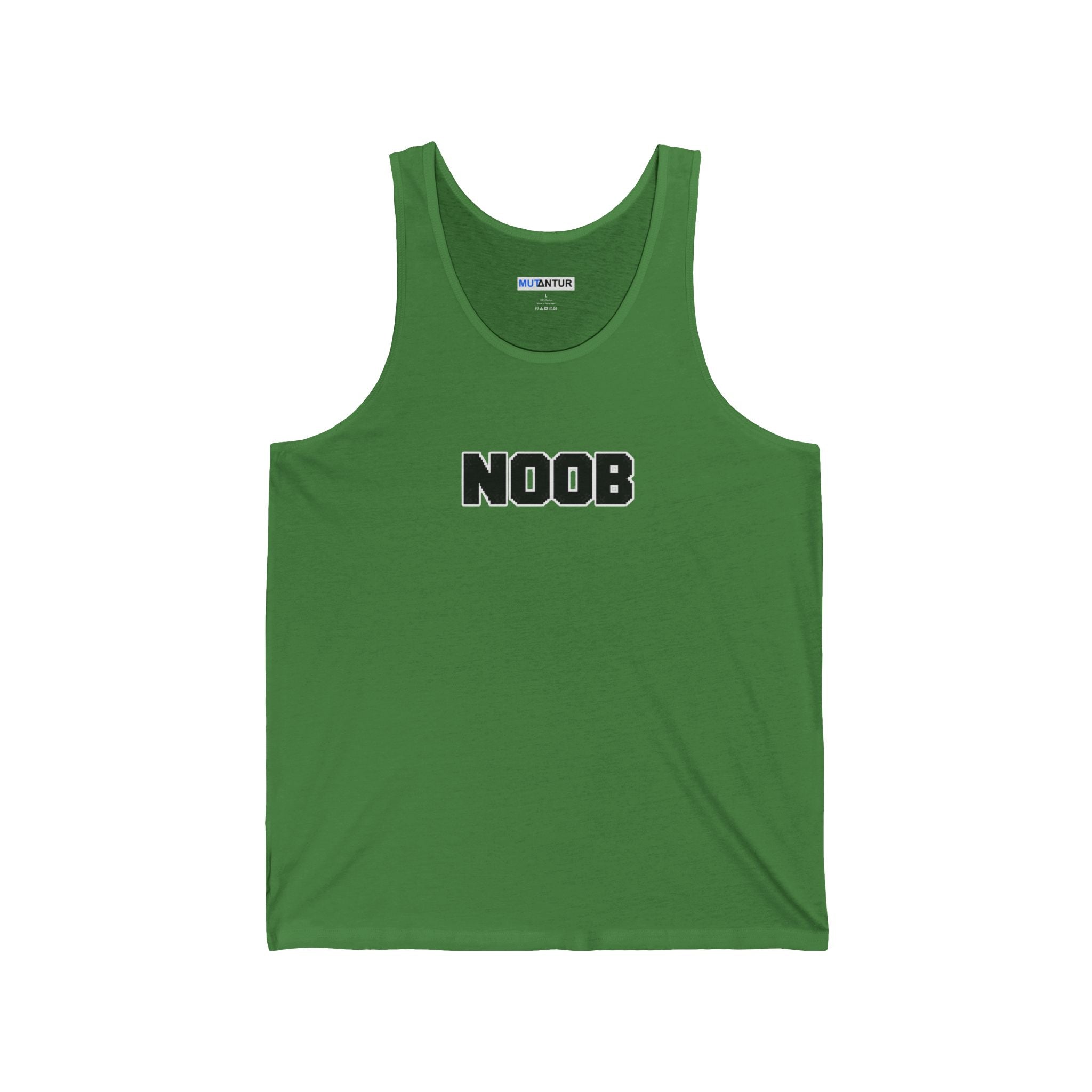 Green tank top with 'noob' text on a white background