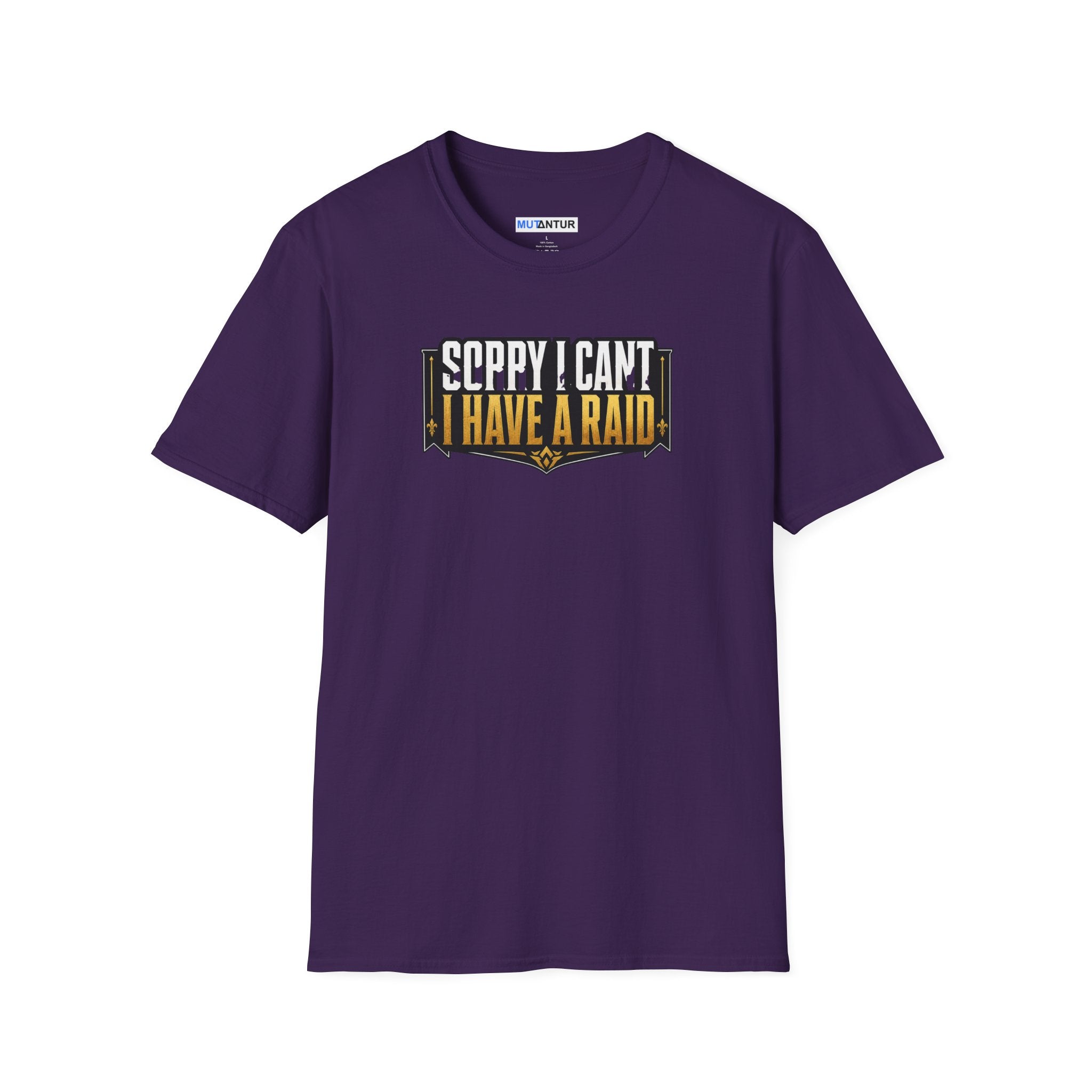 A purple short-sleeve t-shirt with a graphic on the chest that reads 'SORRY I CAN'T HAVE A RAID' in white and black text with a gold outline, displayed on a solid white background.