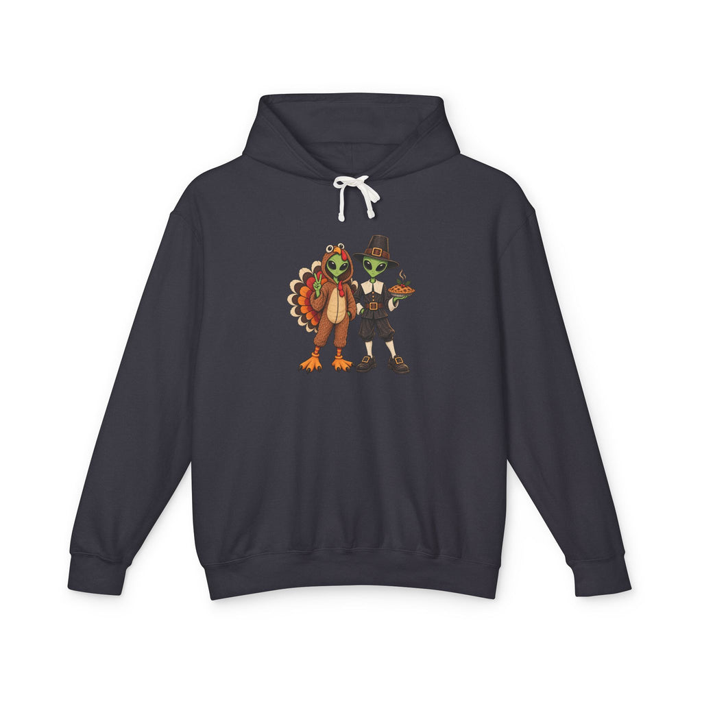 A dark grey hooded sweatshirt with a central graphic of  cartoon aliens dressed as a  turkey and a pilgrim figure, displayed on a clean white background.