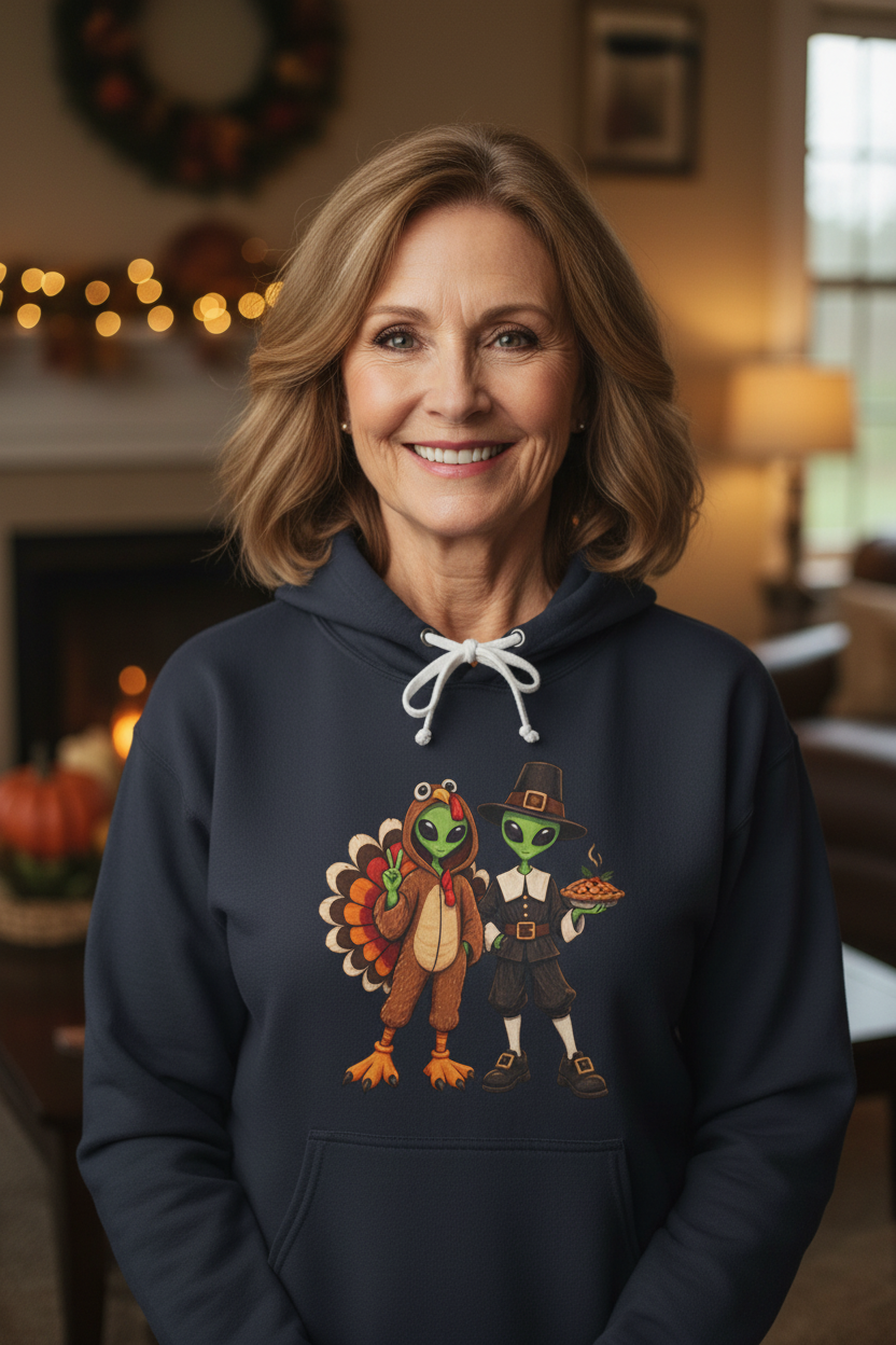 Alien Pilgrim & Turkey Thanksgiving Hoodie — Cute Comfort Colors Holiday Friends Pullover