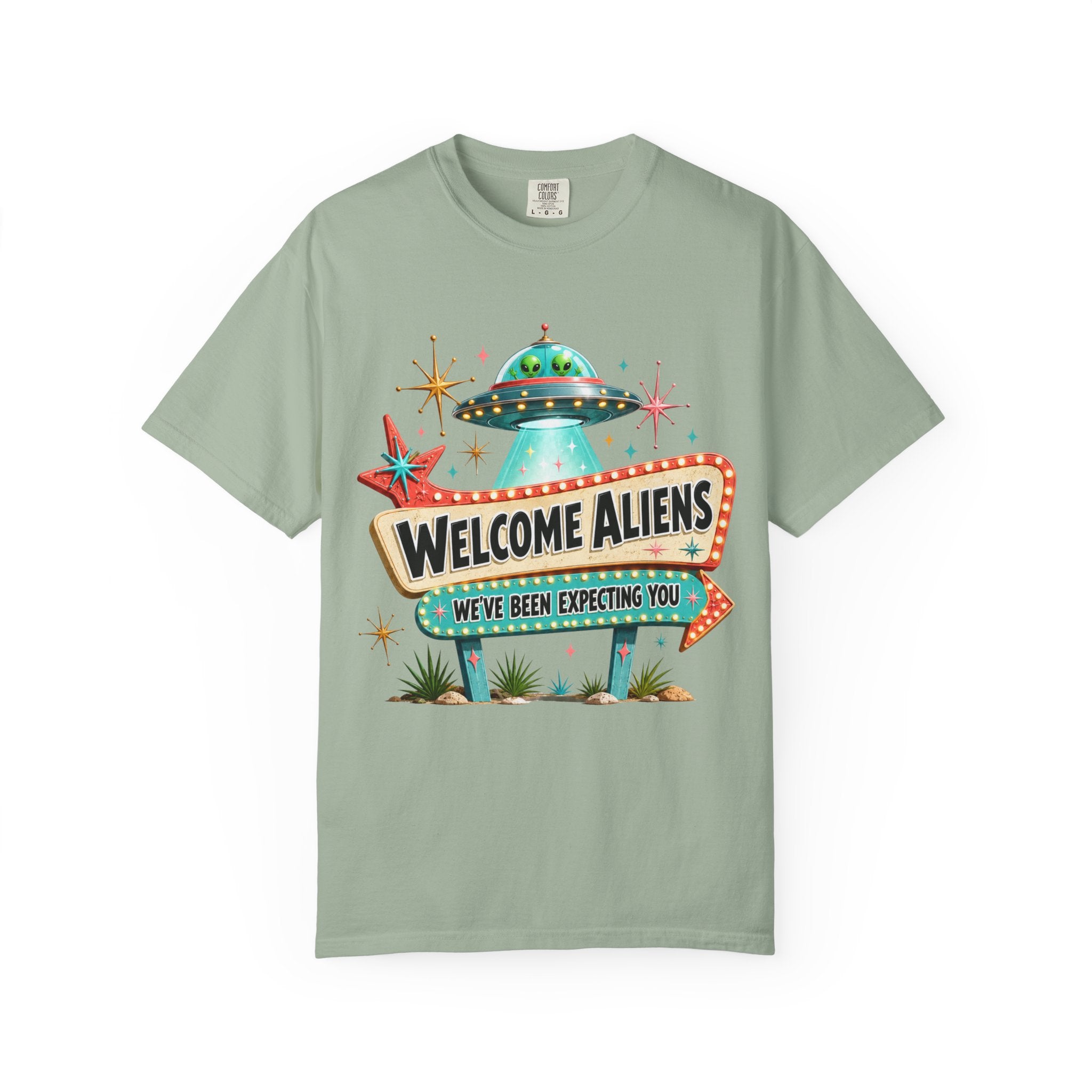 Welcome Aliens retro UFO Las Vegas sign Comfort Colors graphic tee, detail shot