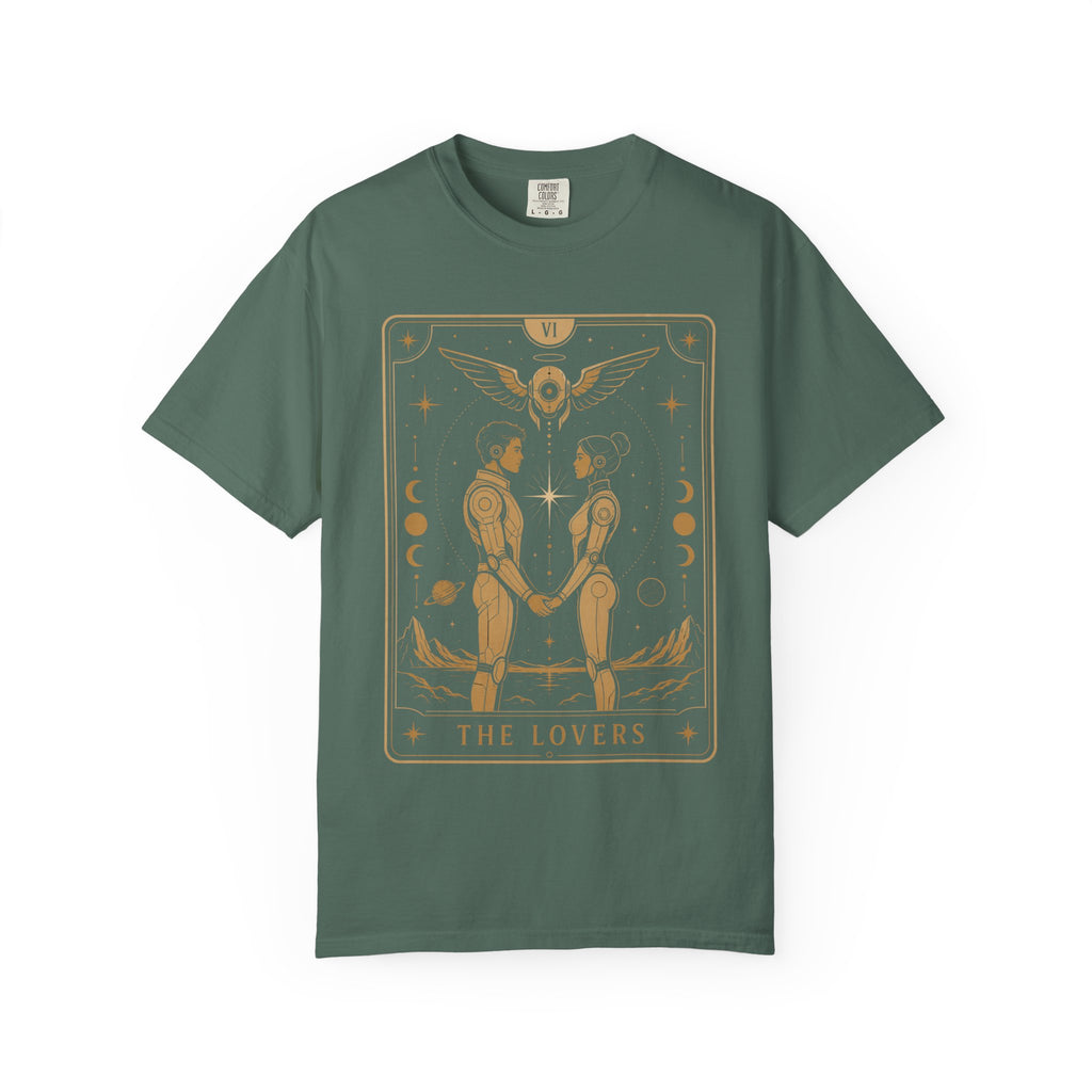 A dark green t-shirt featuring The Lovers from the Future Arcana collection, inspired by The Lovers tarot card. Two futuristic figures stand together beneath a radiant celestial sky, framed by elegant Art Deco details in gold line art on a transparent background.