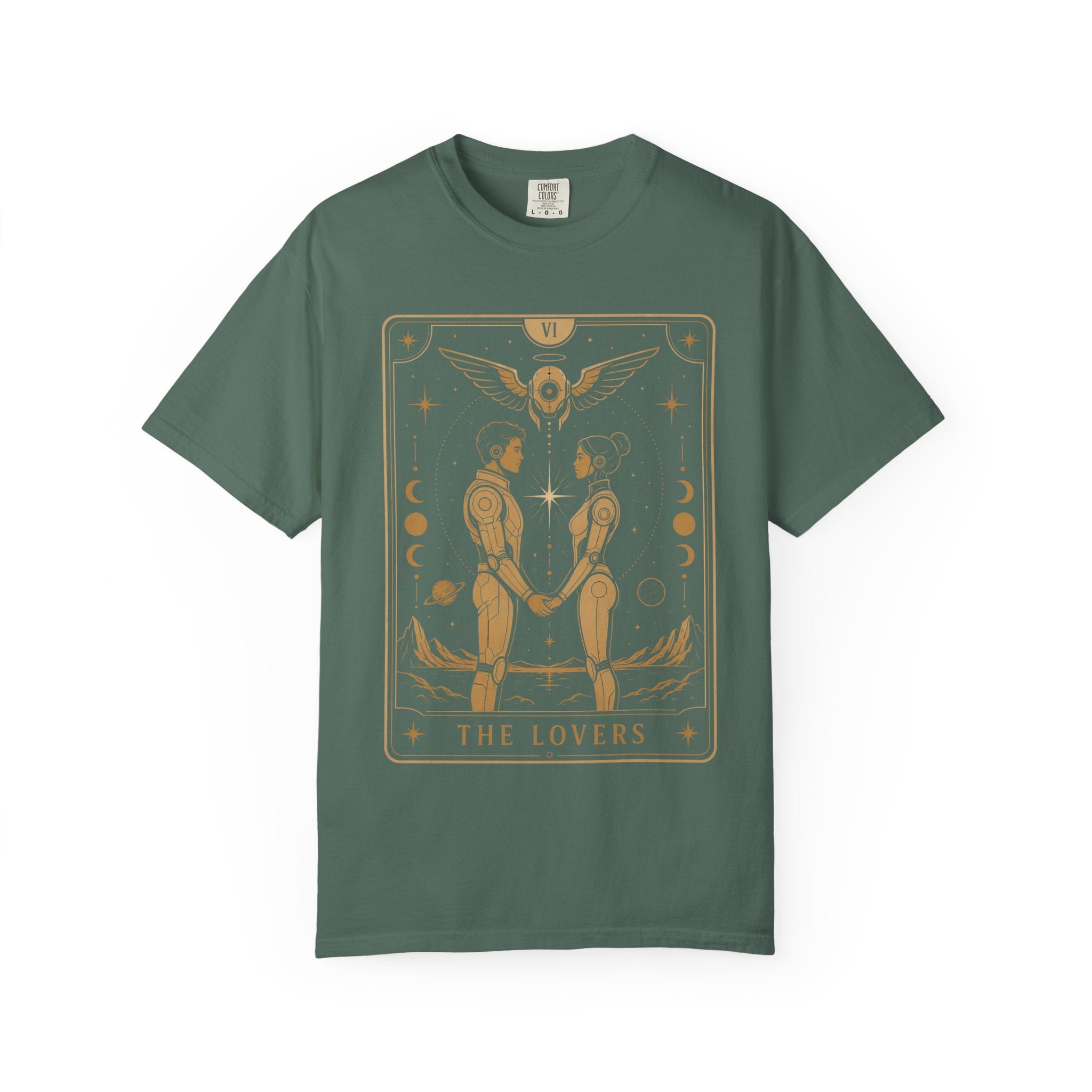 A dark green t-shirt featuring The Lovers from the Future Arcana collection, inspired by The Lovers tarot card. Two futuristic figures stand together beneath a radiant celestial sky, framed by elegant Art Deco details in gold line art on a transparent background.